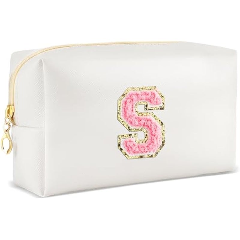 Initial Preppy Makeup Bag Personalized Travel Small Cosmetic Bag Cute PU White Chenille Letter Makeup Pouch for Purse Waterproof Zippered Toiletry Organizer for Women Girls Kids Friends (S) - Image 1